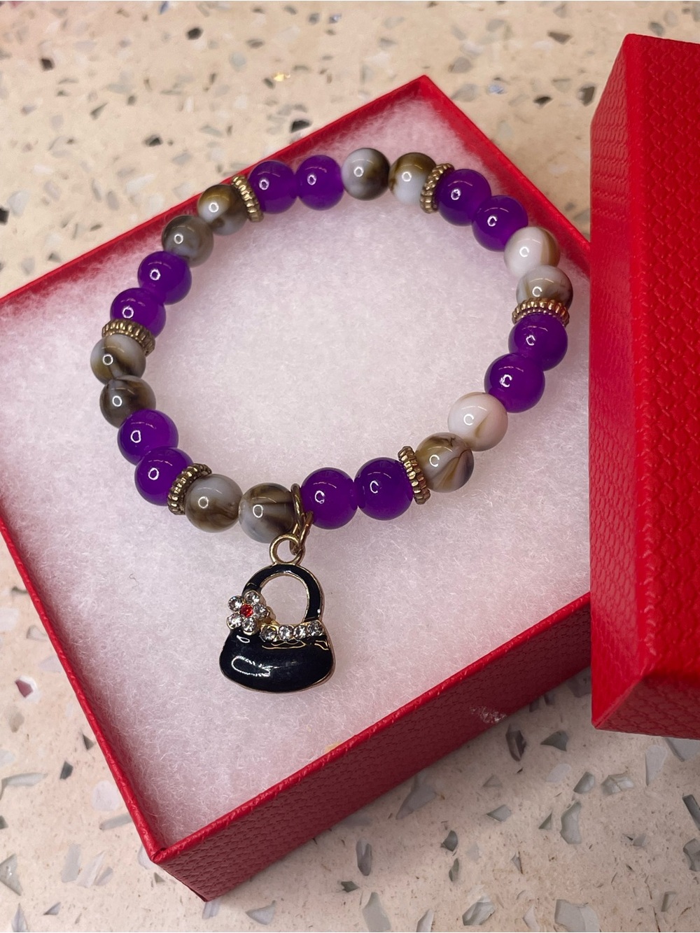 Free Gift Box with Purple Agate Beaded Bracelet with Black Purse Charm